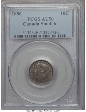 image for: Victoria "Small 6" 10 Cents 1886 AU50 PCGS