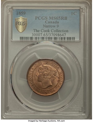 image for: Victoria "Narrow 9" Cent 1859 MS65 Red and Brown PCGS