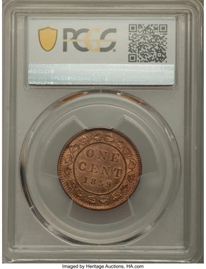 image for: Victoria "Narrow 9" Cent 1859 MS65 Red and Brown PCGS