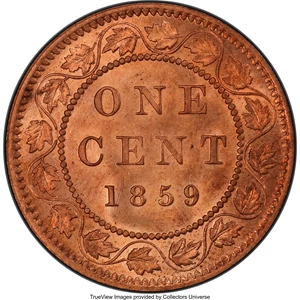 image for: Victoria "Narrow 9" Cent 1859 MS65 Red and Brown PCGS