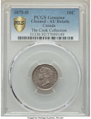 image for: Victoria 10 Cents 1875-H AU Details (Cleaned) PCGS