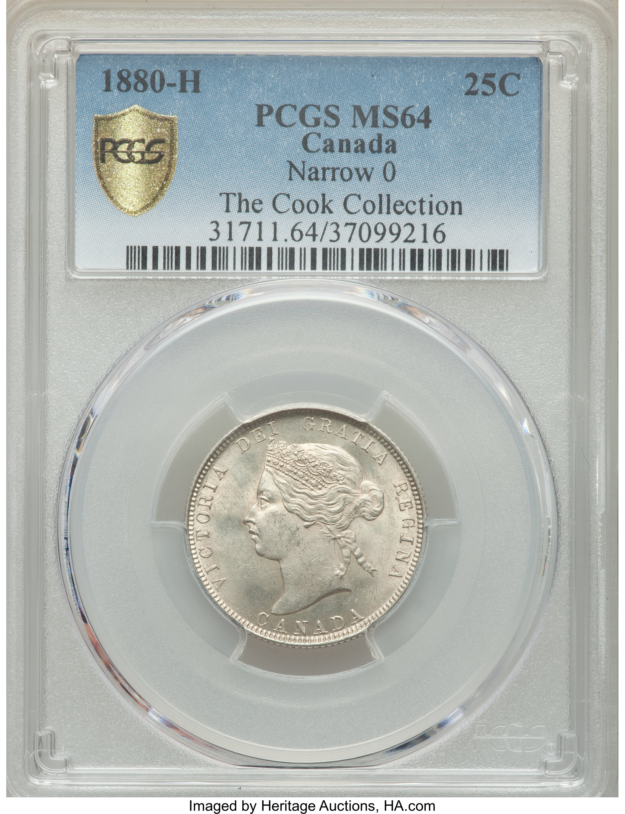 image for: Victoria "Narrow 0" 25 Cents 1880-H MS64 PCGS