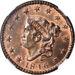 image for: 1816 Matron Head Cent. N-2. Rarity-1. MS-64+ RB (NGC). CAC.