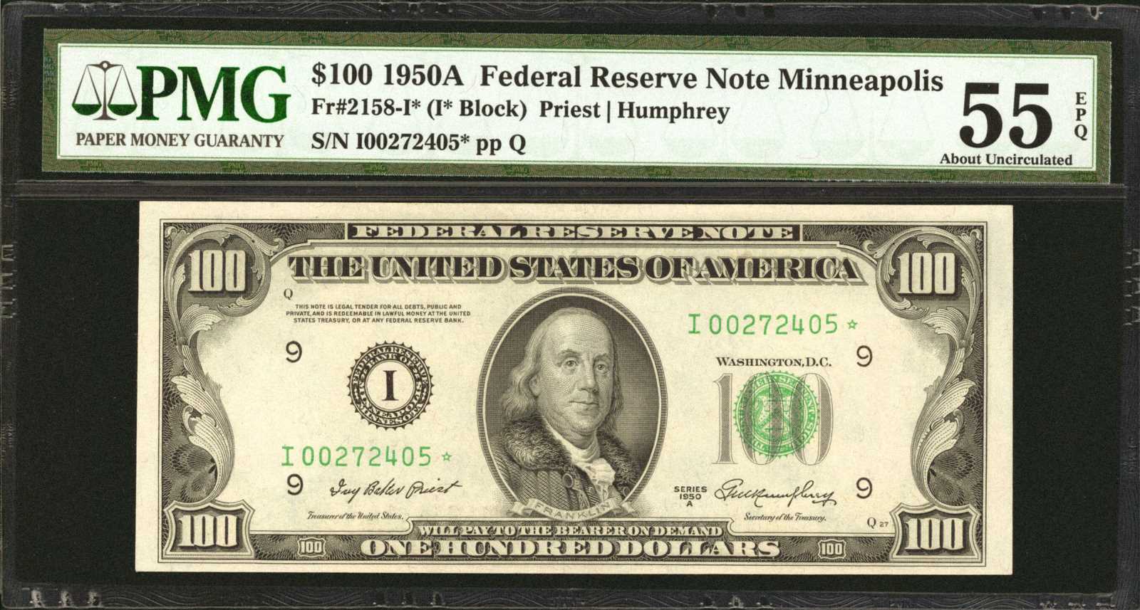 image for: Fr. 2158-I*. 1950A $100  Federal Reserve Note.  Minneapolis. PMG About Uncirculated 55 EPQ.