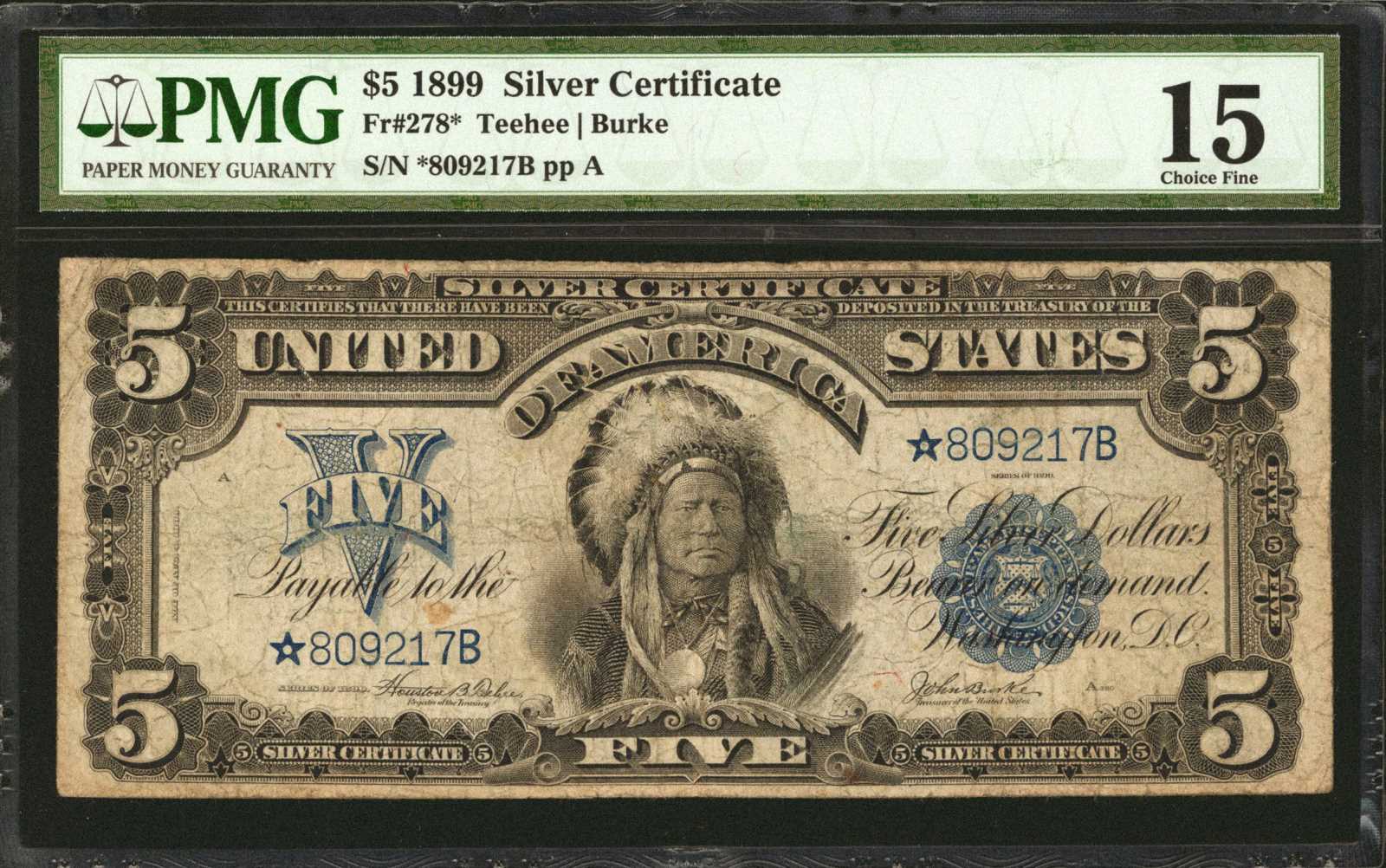 Fr. 278*. 1899 $5 Silver Certificate Star Note. PMG Choice Fine 15.