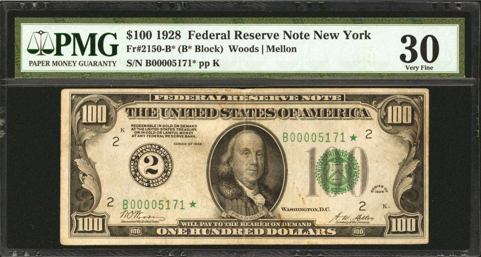 image for: Fr. 2150-B*. 1928 $100 Federal Reserve Star Note. New York. PMG Very Fine 30.