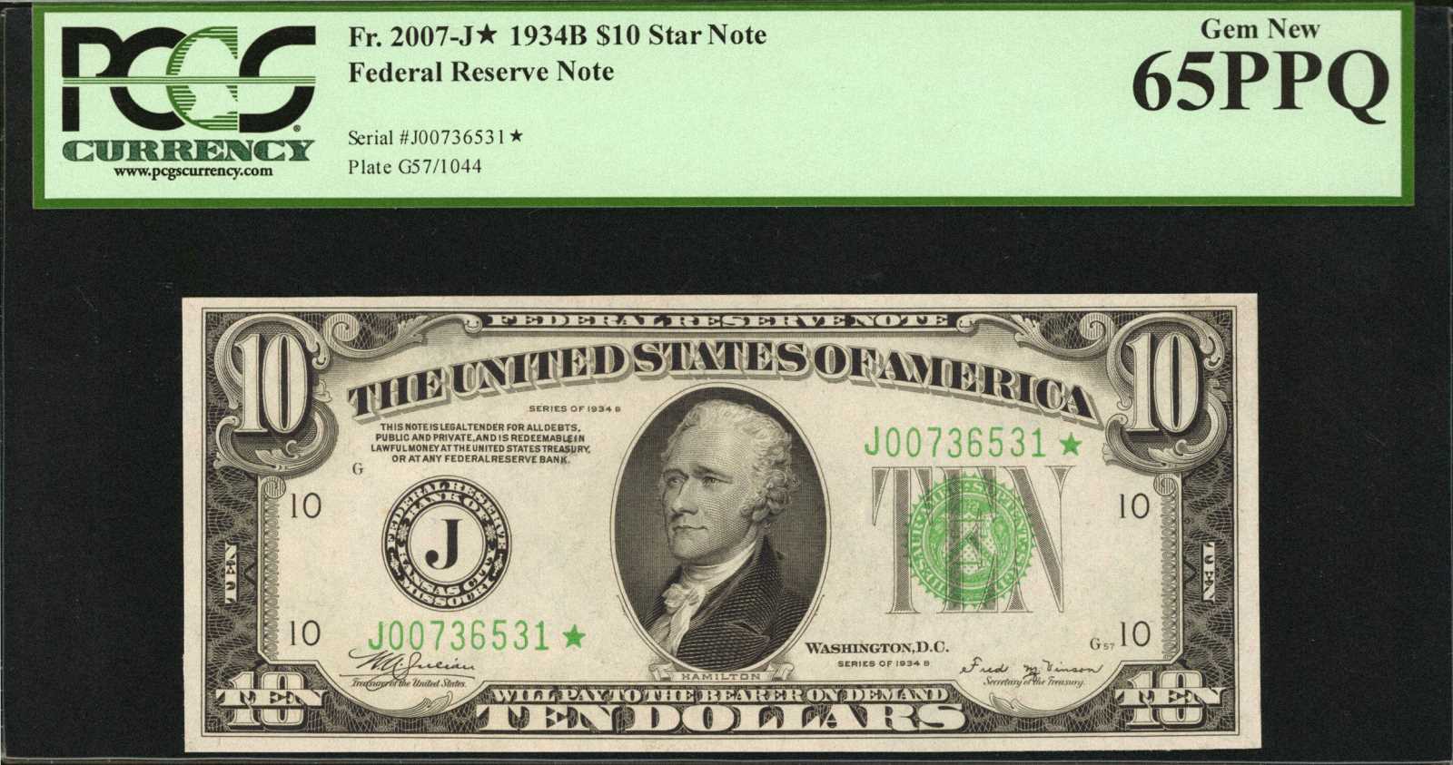 image for: Fr. 2007-J*. 1934B $10 Federal Reserve Star Note. Kansas City. PCGS Gem New 65 PPQ.