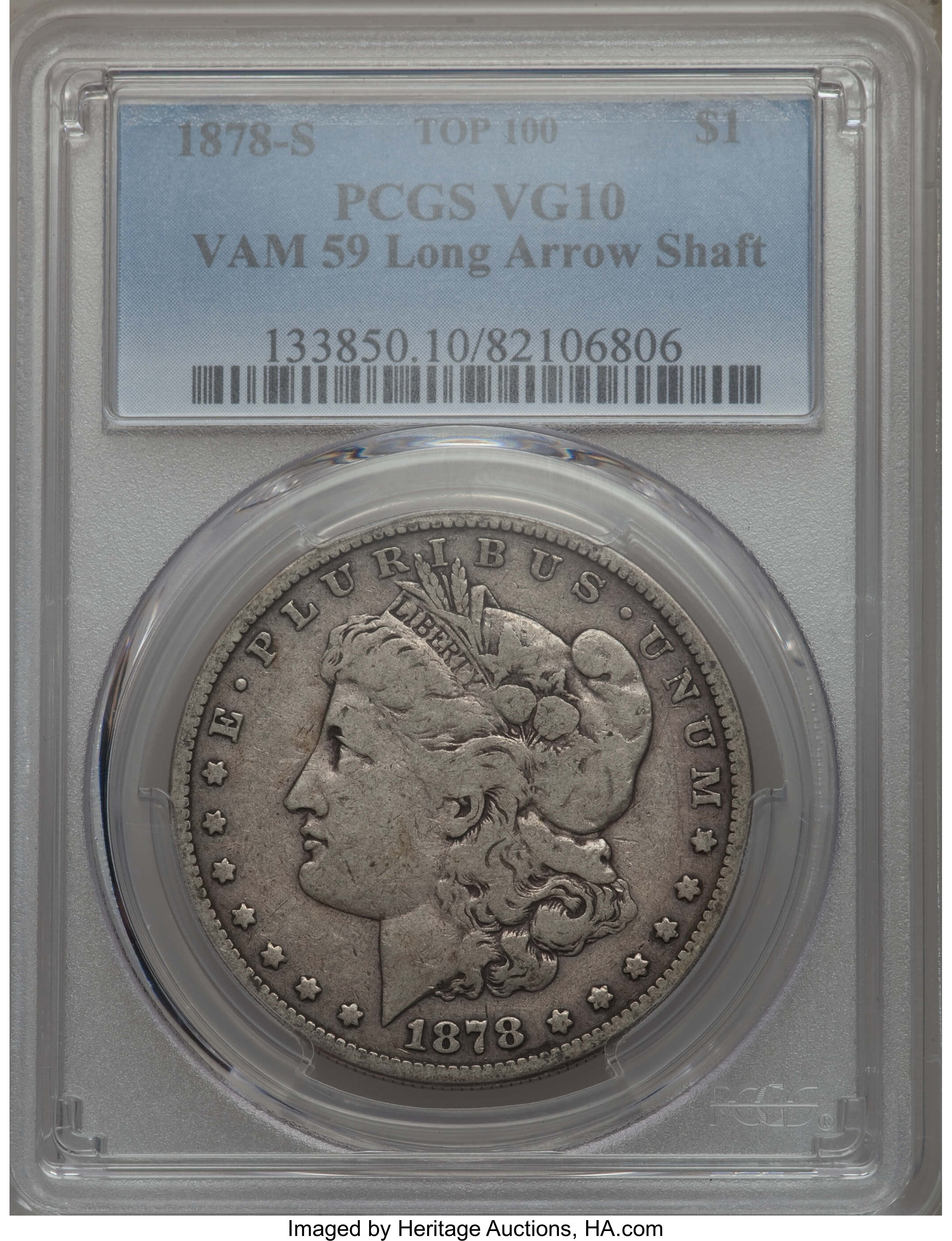 image for: 1878-S $1 Long Arrow Shaft, VAM-59, VG10 PCGS. TOP-100. PCGS Population: (2/31). NGC Census: (0/0)....