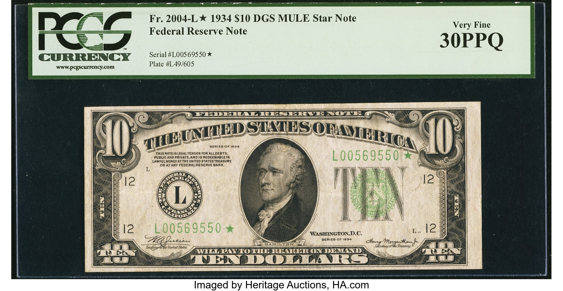 image for: Fr. 2004-L* $10 1934 Dark Green Seal Mule Federal Reserve Star Note. PCGS Very Fine 30PPQ....