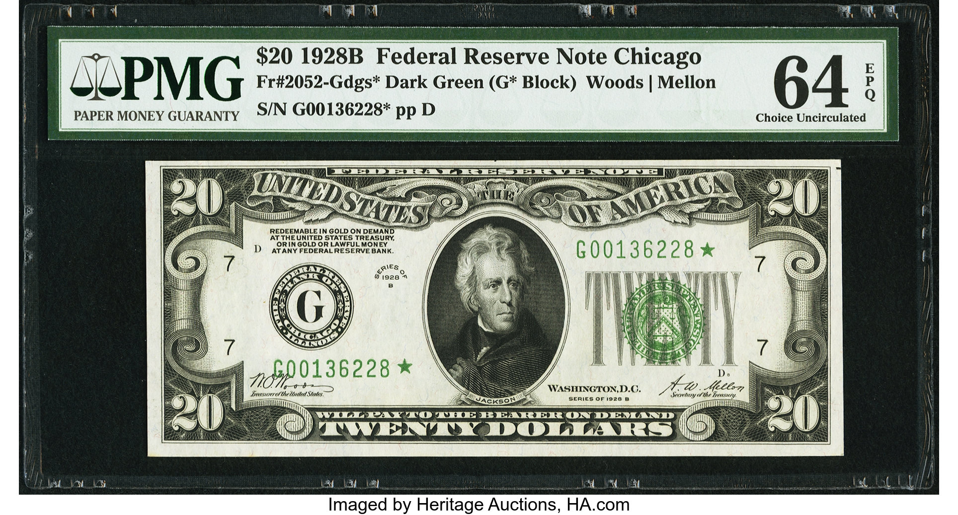 image for: Fr. 2052-G* $20 1928B Federal Reserve Note. PMG Choice Uncirculated 64 EPQ....