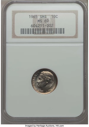 image for: 1965 10C SMS MS69 NGC. NGC Census: (0/0). PCGS Population: (2/0). Mintage 2,360,000. ...