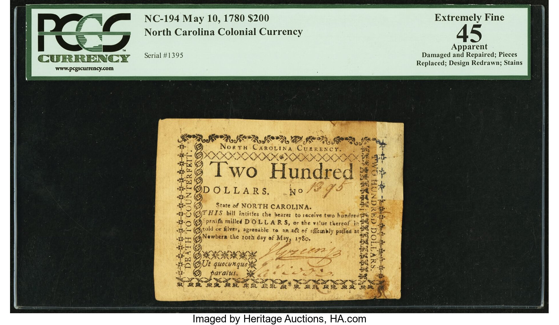 image for: North Carolina May 10, 1780 $200 Ut Quocunque Paratus PCGS Apparent Extremely Fine 45....