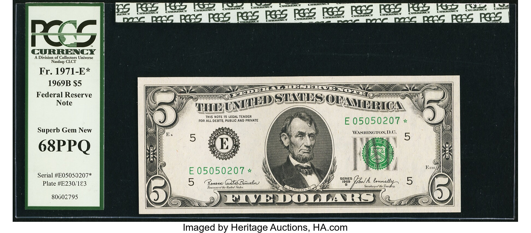 image for: Fr. 1971-E* $5 1969B Federal Reserve Star Note. PCGS Superb Gem New 68PPQ....