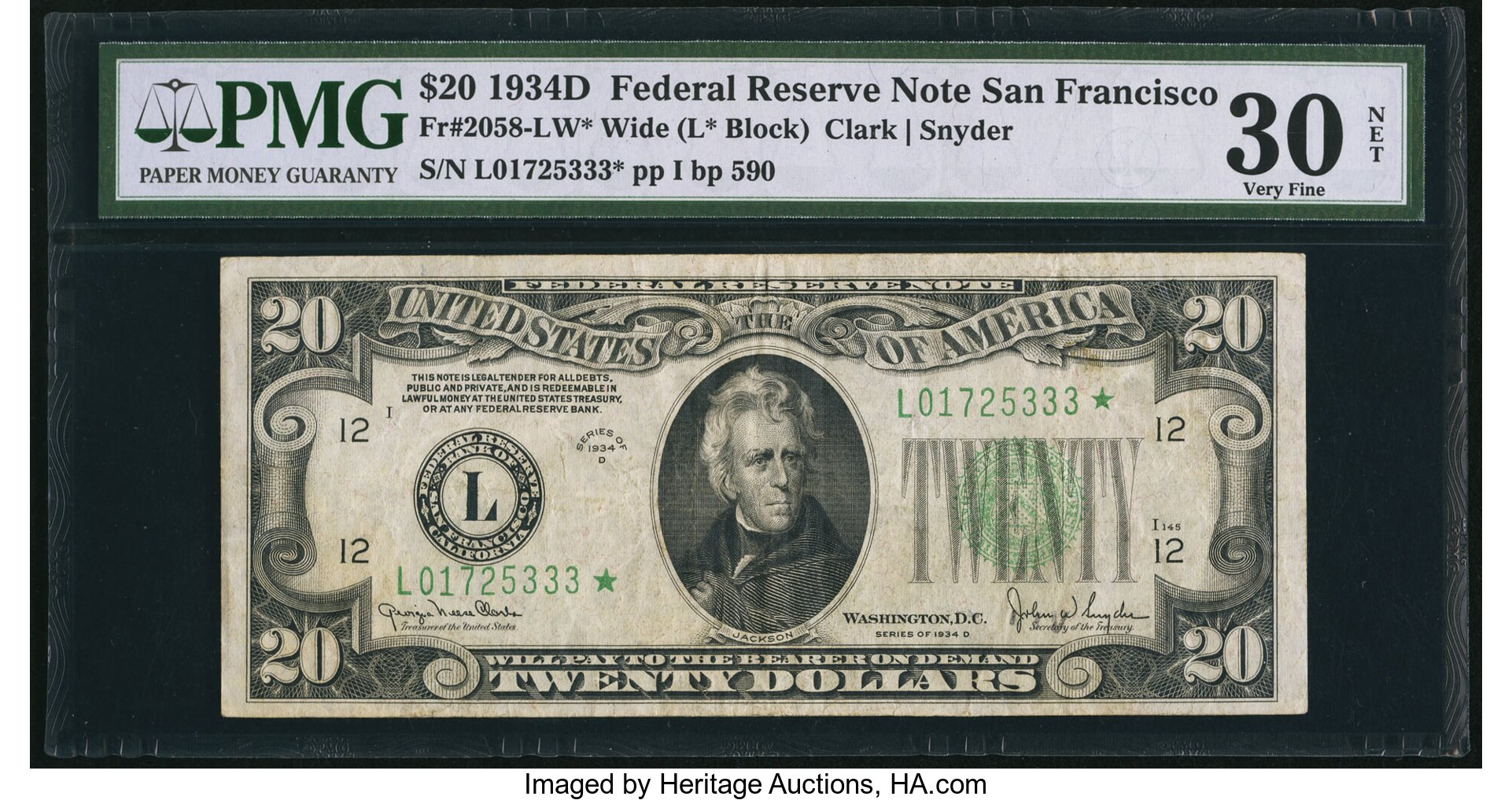 1934D $20 San Francisco, Star Replacement (Fr. 2058L*)
