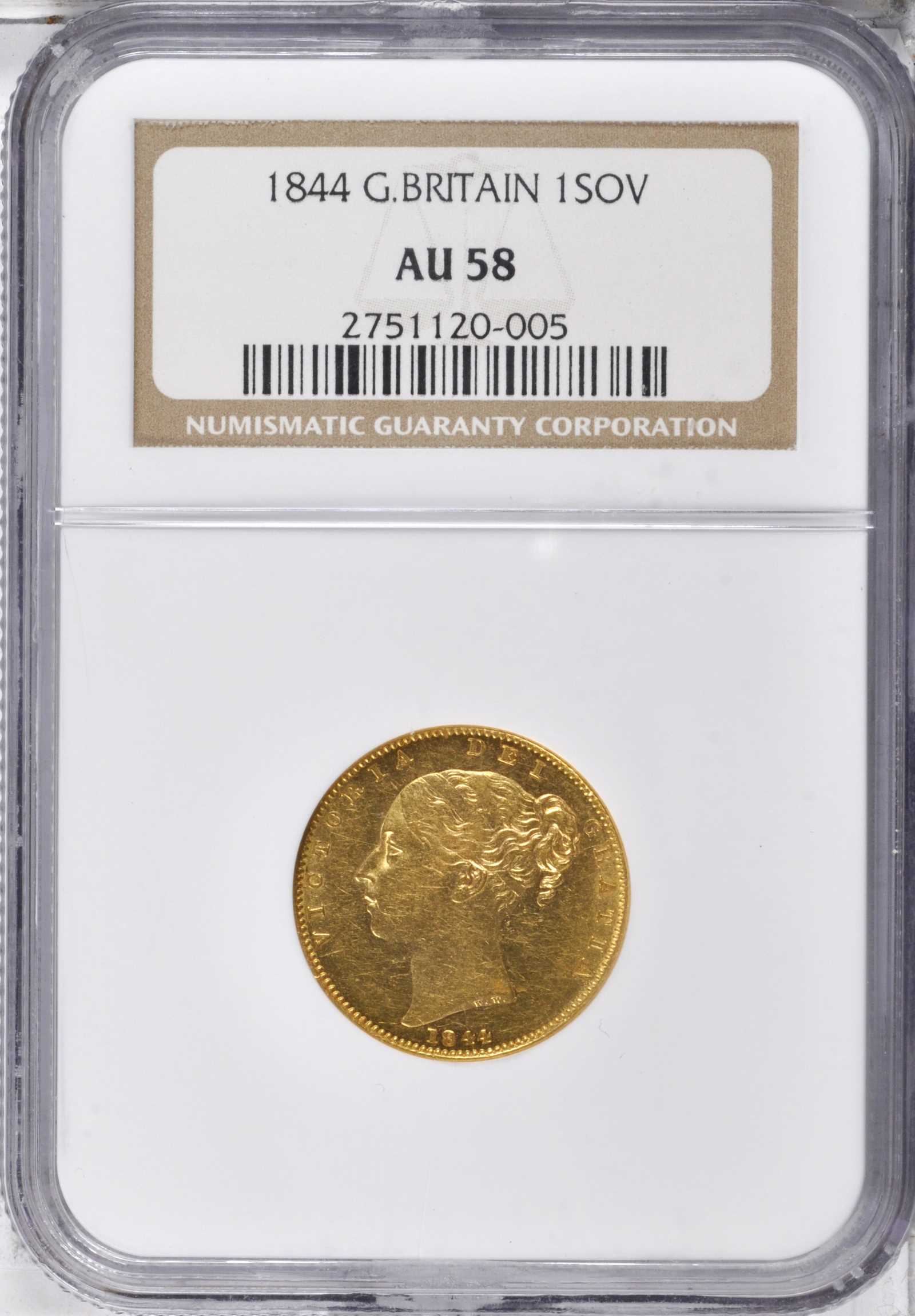 image for: GREAT BRITAIN. Sovereign, 1844. NCS AU-58.