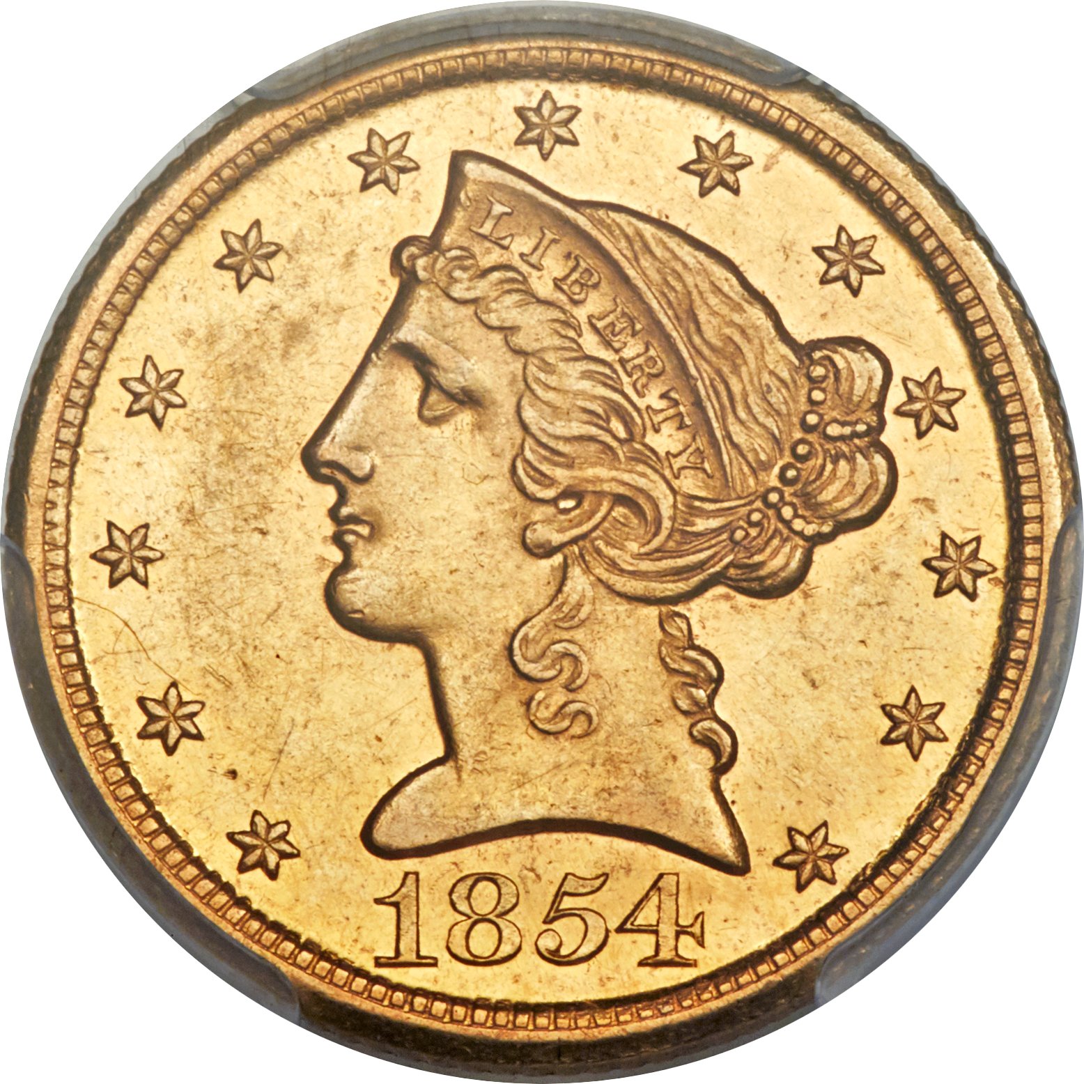 image for: 1854-D $5 Medium D AU58 PCGS. Variety 37-CC....