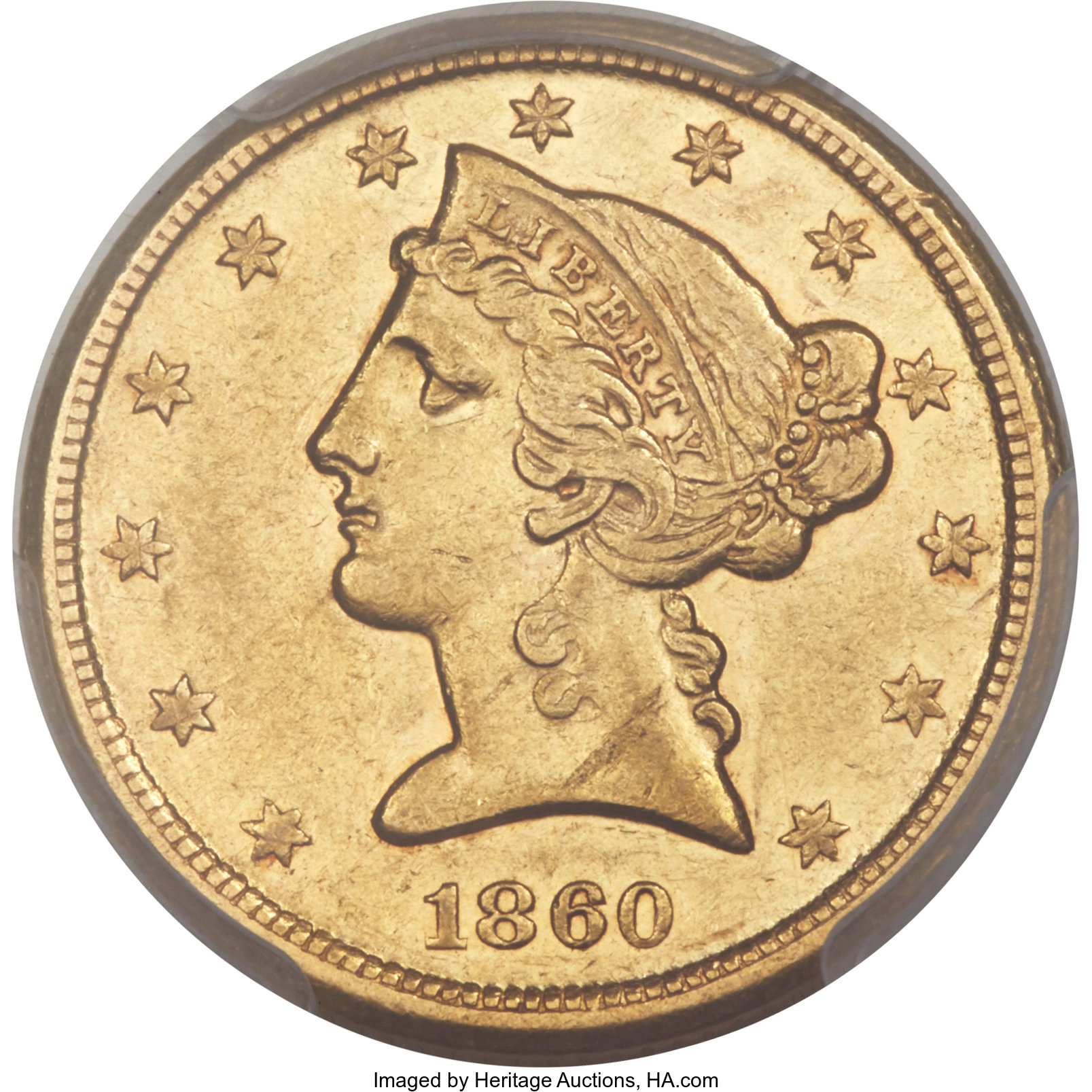 image for: 1860-D $5 Large D AU53 PCGS. Variety 46-FF....