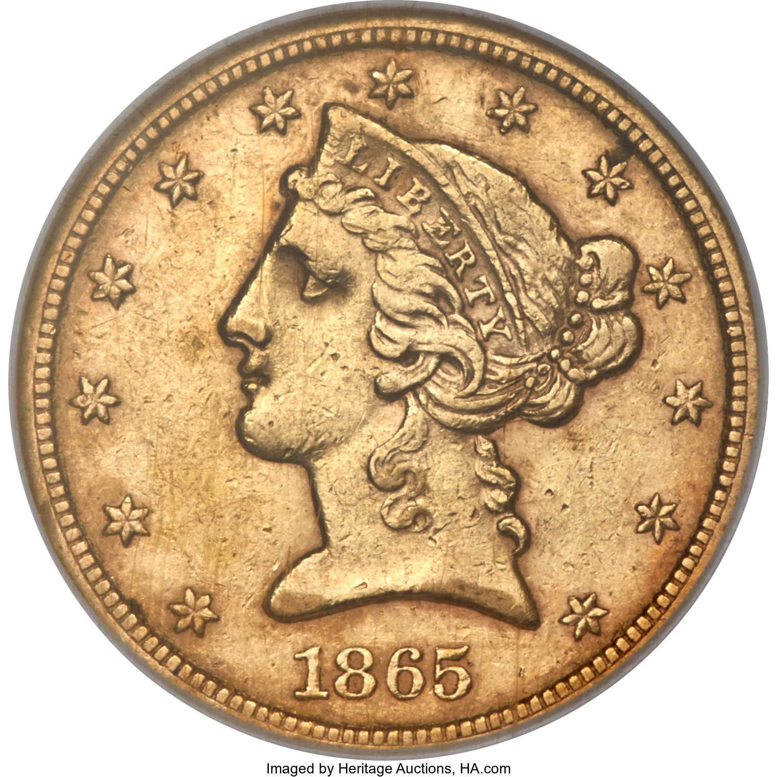 image for: 1865-S $5 AU58 NGC....