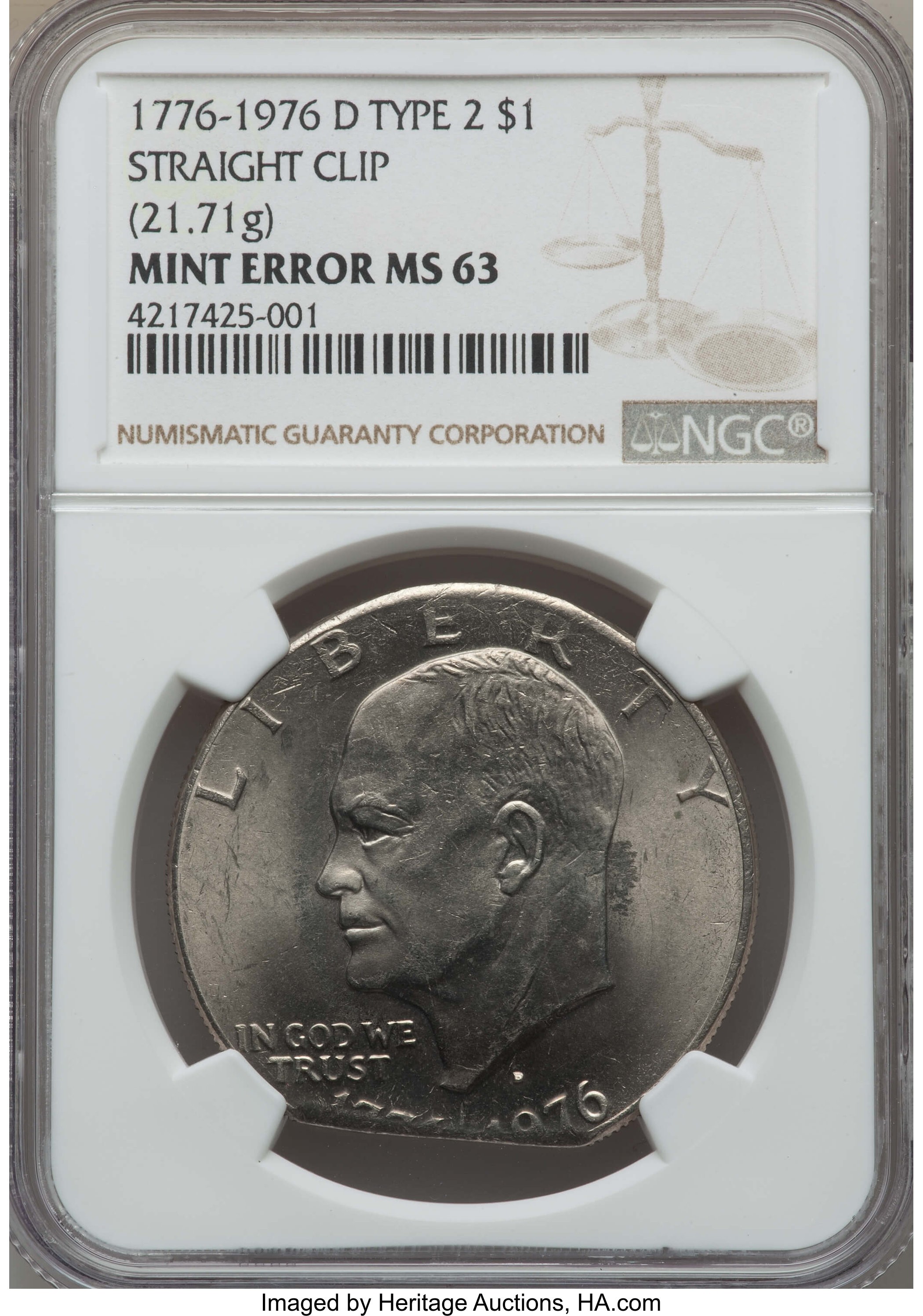 1976-D $1 Type One Eisenhower Dollar -- Straight Clip -- MS63 NGC. (21.71 grams). From the Ex: Blue Angel Collection of B...