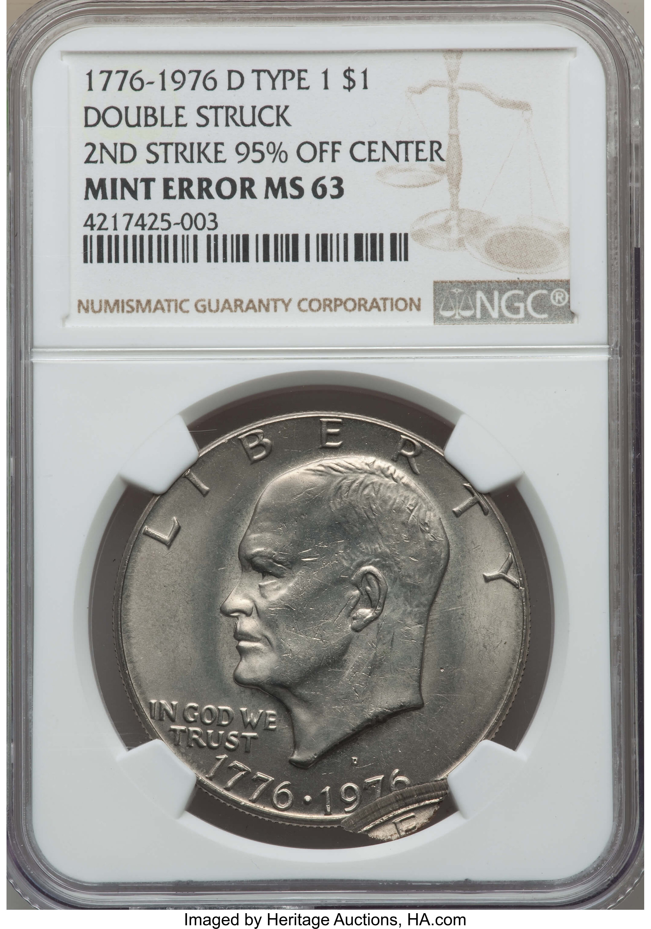 1976-D $1 Type One Eisenhower Dollar -- Double Struck, Second Strike 95% Off Center -- MS63 NGC. From the Ex: Blue Angel ...
