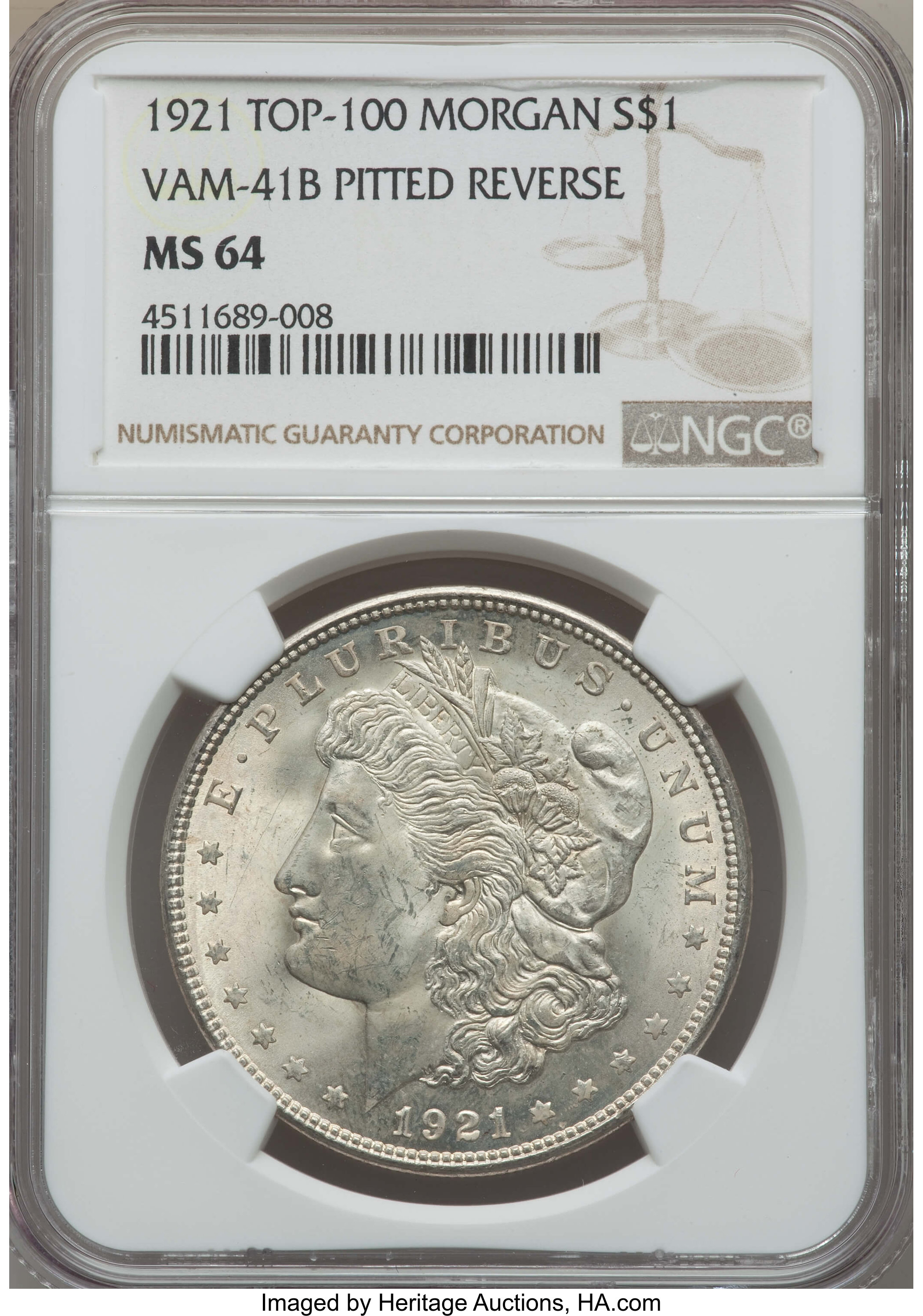 1921 $1 Pitted Reverse, VAM-41B, MS64 NGC. TOP-100. NGC Census: (7/1). PCGS Population: (24/5)....