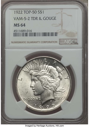 image for: 1922 $1 Tripled Leaves & Gouge, VAM-5-2, MS64 NGC. TOP-50. NGC Census: (0/0). PCGS Population: (15/1)....