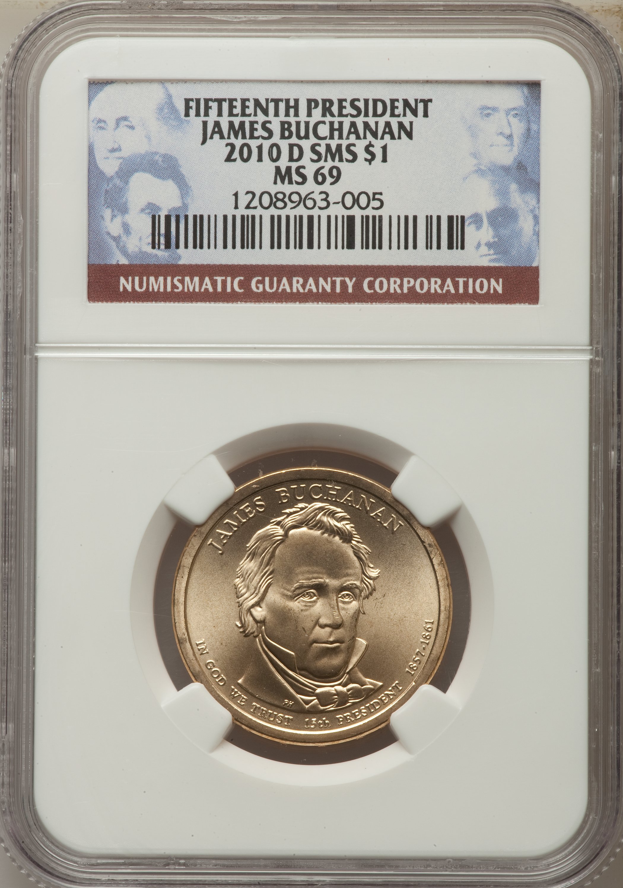 image for: 2010-D $1 James Buchanan, Position B, Satin Finish MS69 NGC. NGC Census: (0/0). PCGS Population: (6/0).  ...