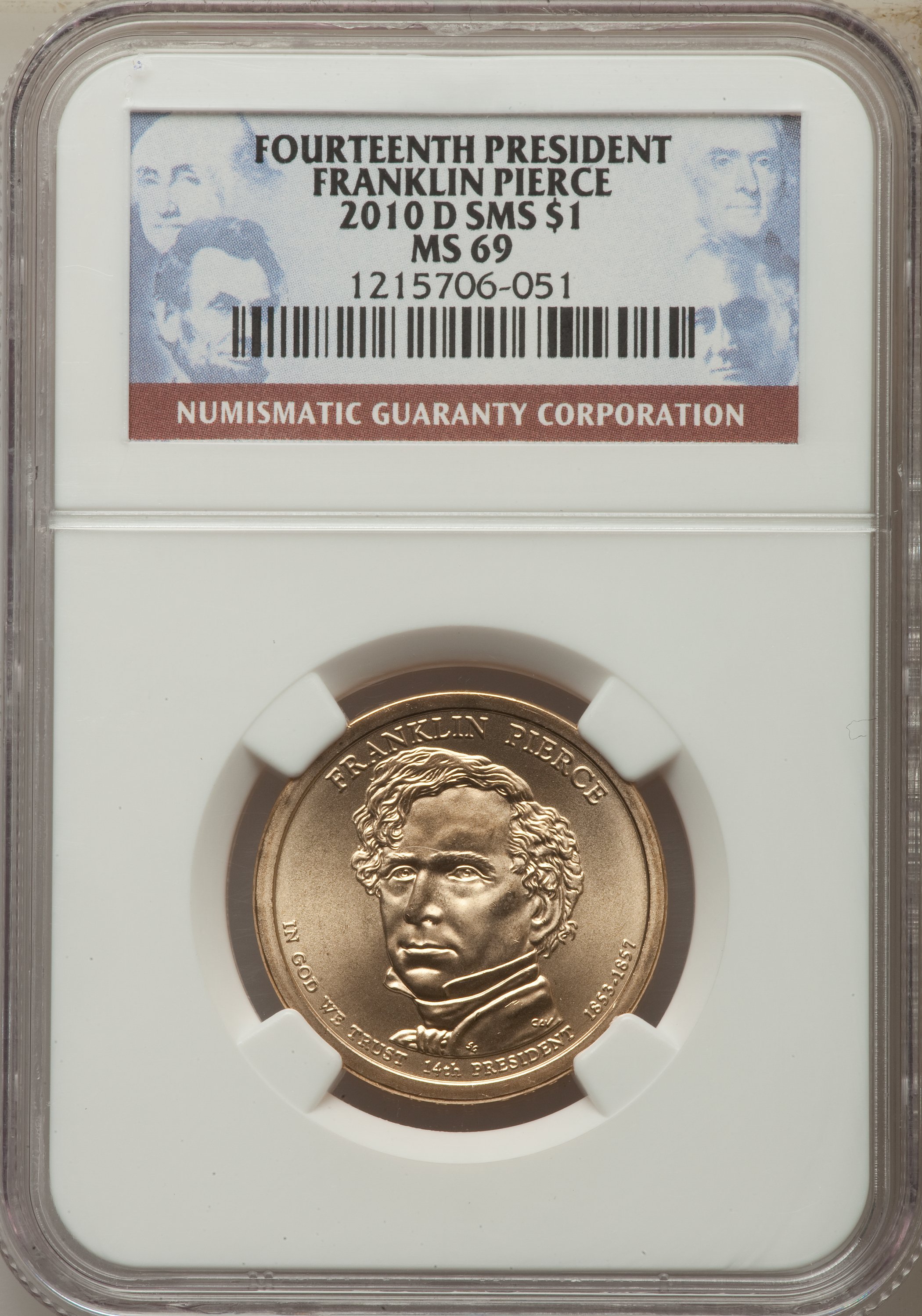 image for: 2010-D $1 Franklin Pierce, Position A, Satin Finish MS69 NGC. NGC Census: (0/0). PCGS Population: (2/0).  ...