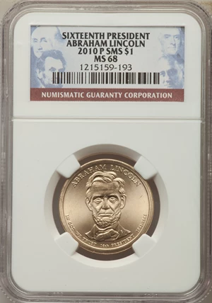 image for: 2010-P $1 Abraham Lincoln, Position A, Satin Finish MS68 NGC. NGC Census: (0/0). PCGS Population: (294/5). ...