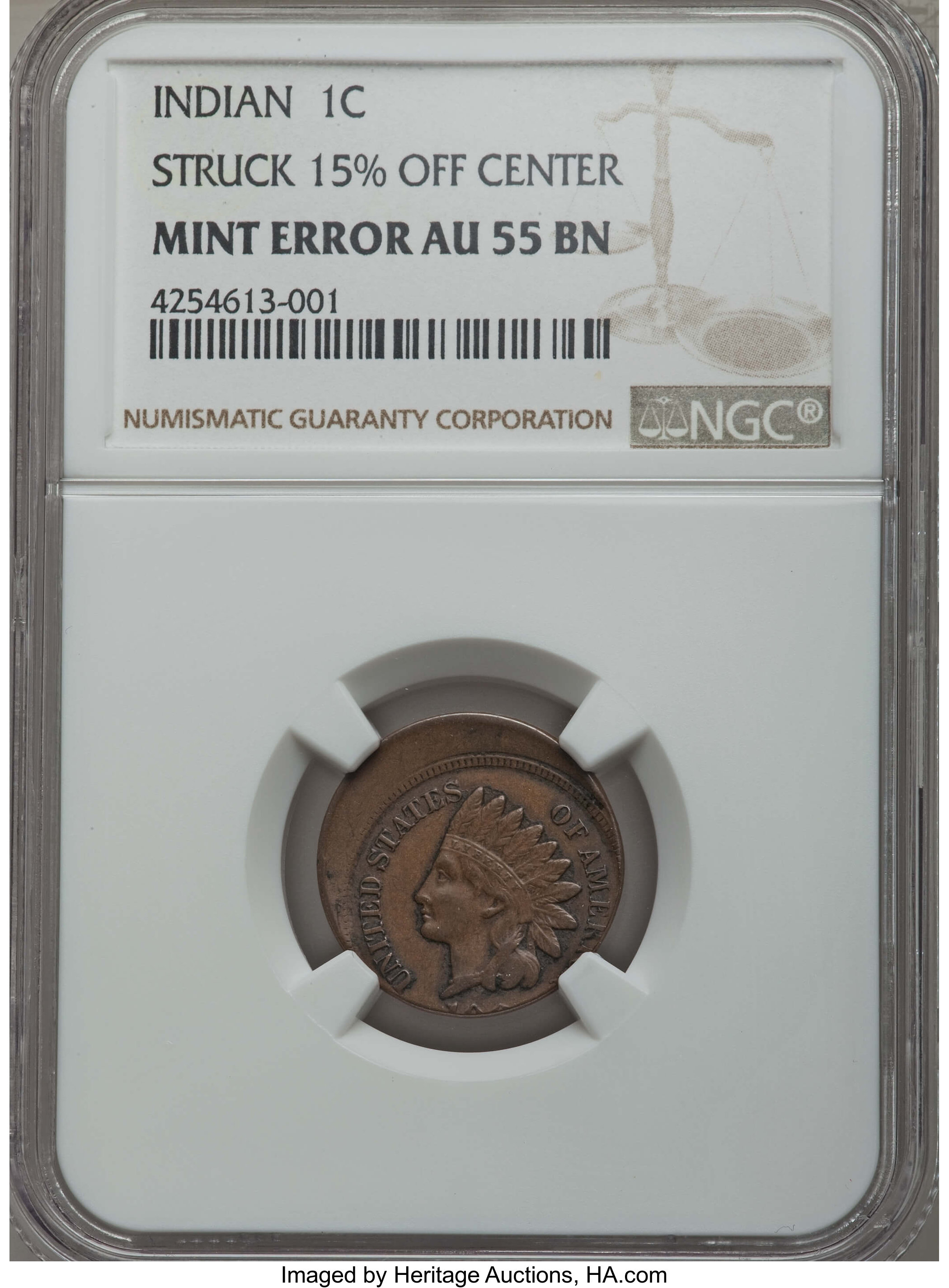 image for: No Date 1C Indian Cent -- Struck 15% Off Center -- AU55 Brown NGC....