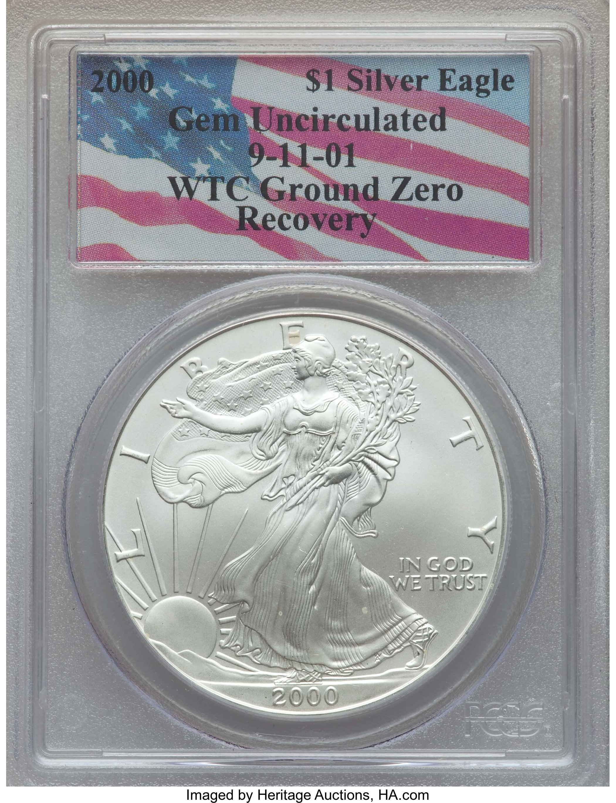 2000 $1 Silver Eagle Gem Uncirculated PCGS. 9/11/01 World Trade Center Ground Zero Recovery....