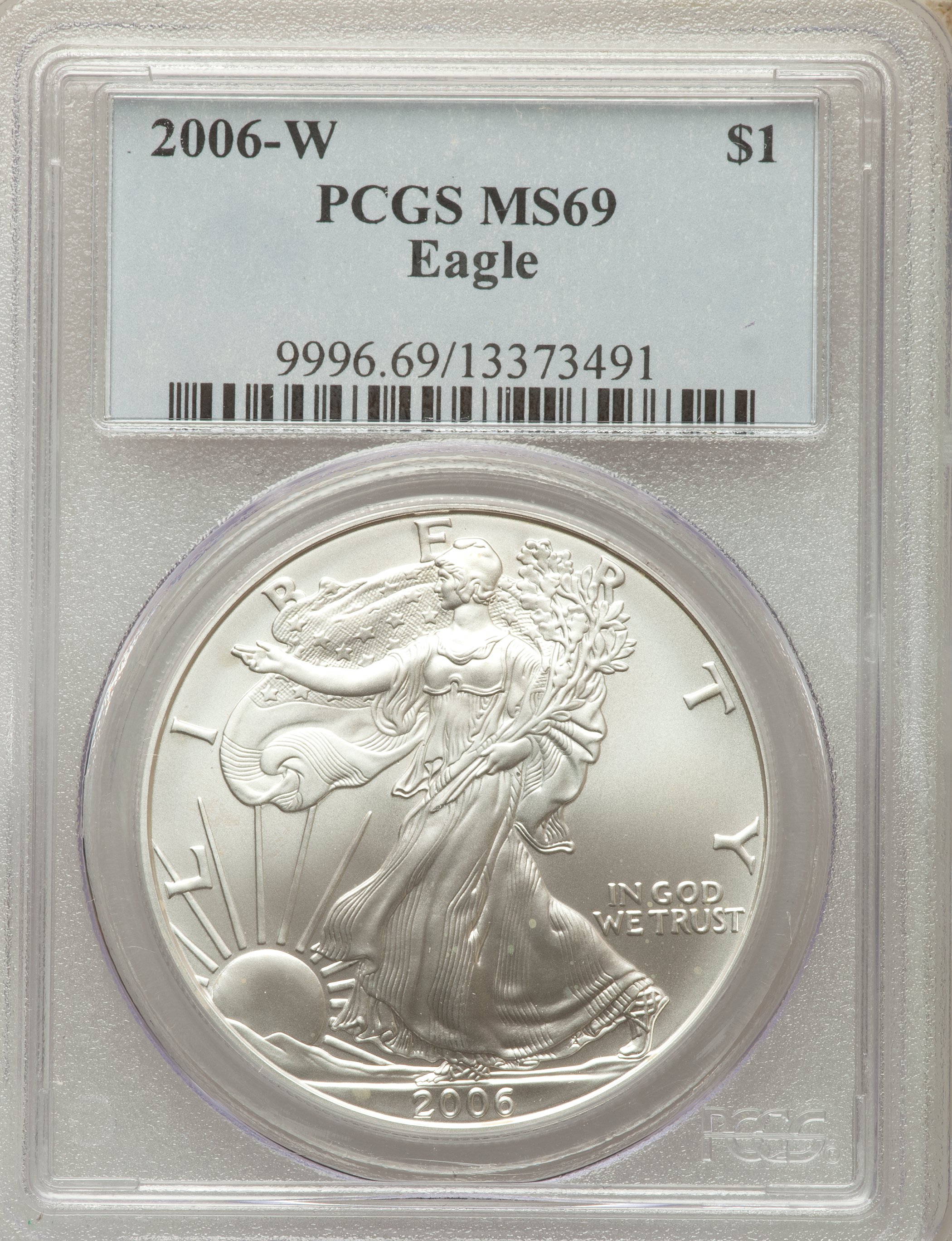 2006-W $1 Silver Eagle, Burnished, MS69 PCGS. PCGS Population: (10122/2593). NGC Census: (42174/9315). CDN: $55 Whsle. Bid ...