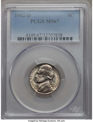 image for: 1982-D 5C MS67 PCGS. PCGS Population: (4/0). NGC Census: (2/0). Mintage 373,726,528. ...