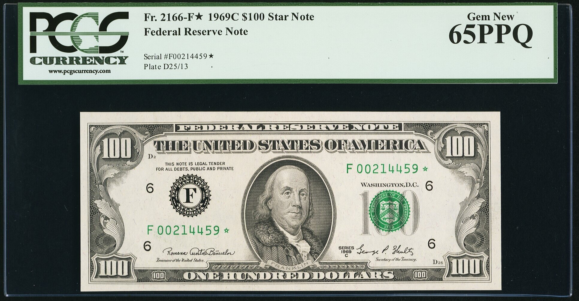 image for: Fr. 2166-F* $100 1969C Federal Reserve Star Note. PCGS Gem New 65PPQ....
