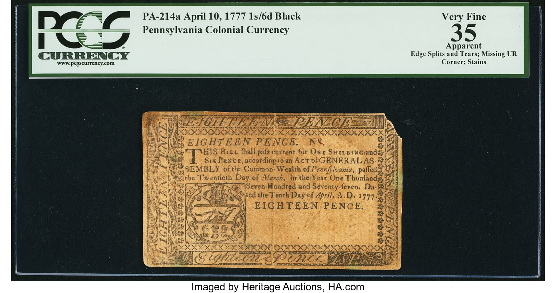 image for: Pennsylvania April 10, 1777 1s 6d PCGS Apparent Very Fine 35....