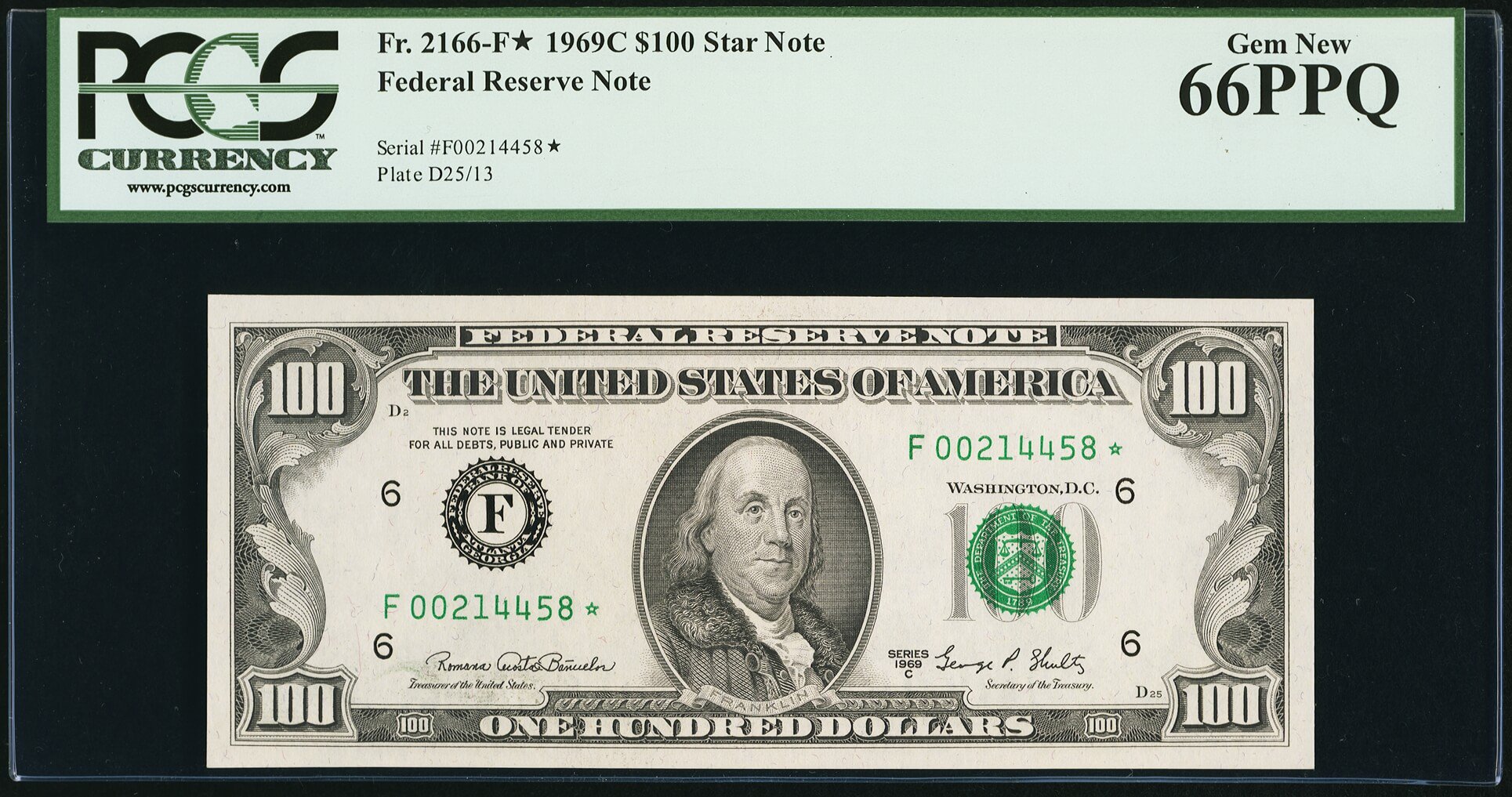 image for: Fr. 2166-F* $100 1969C Federal Reserve Star Note. PCGS Gem New 66PPQ....