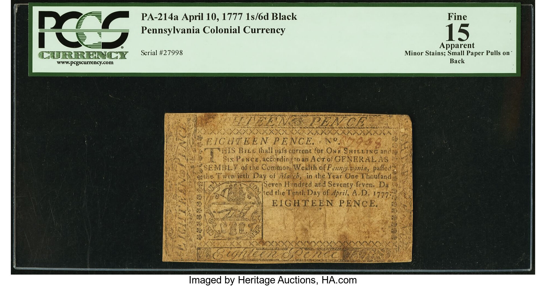 image for: Pennsylvania April 10, 1777 1s 6d PCGS Apparent Fine 15....
