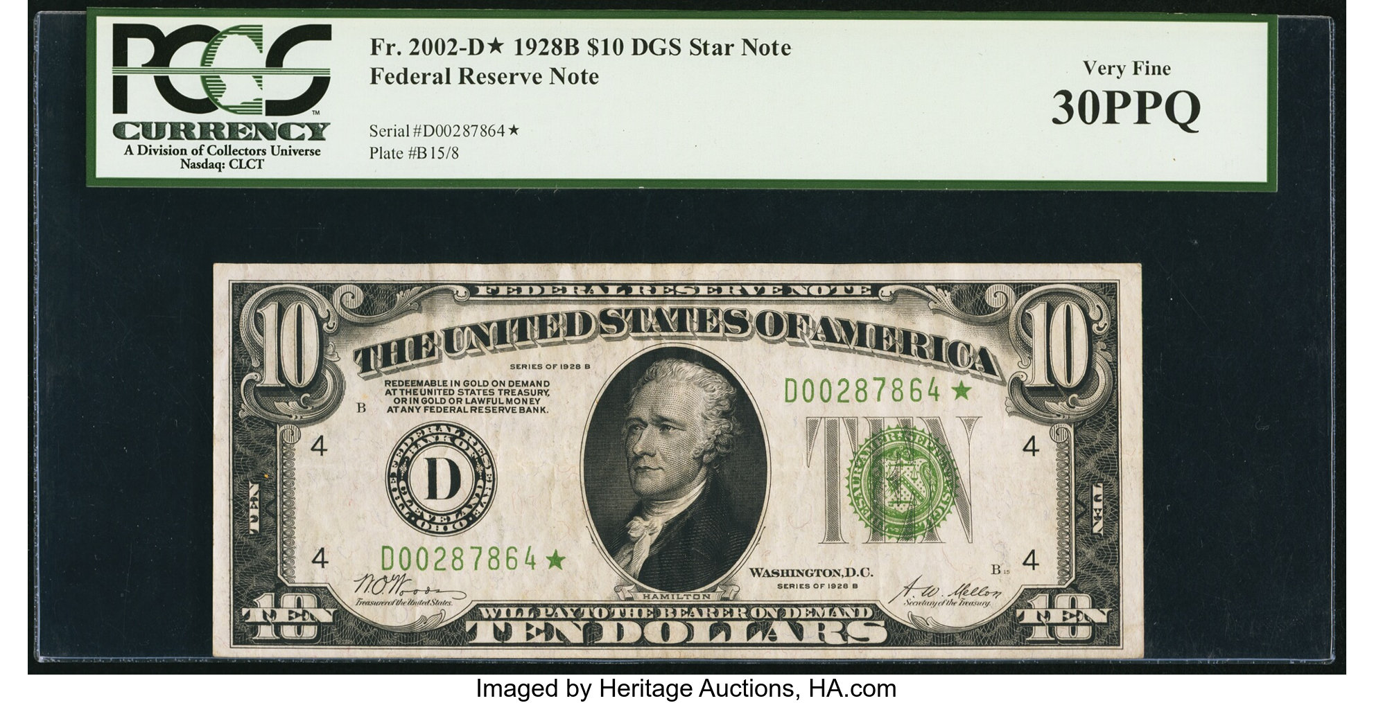image for: Fr. 2002-D* $10 1928B Dark Green Seal Federal Reserve Star Note. PCGS Very Fine 30PPQ....