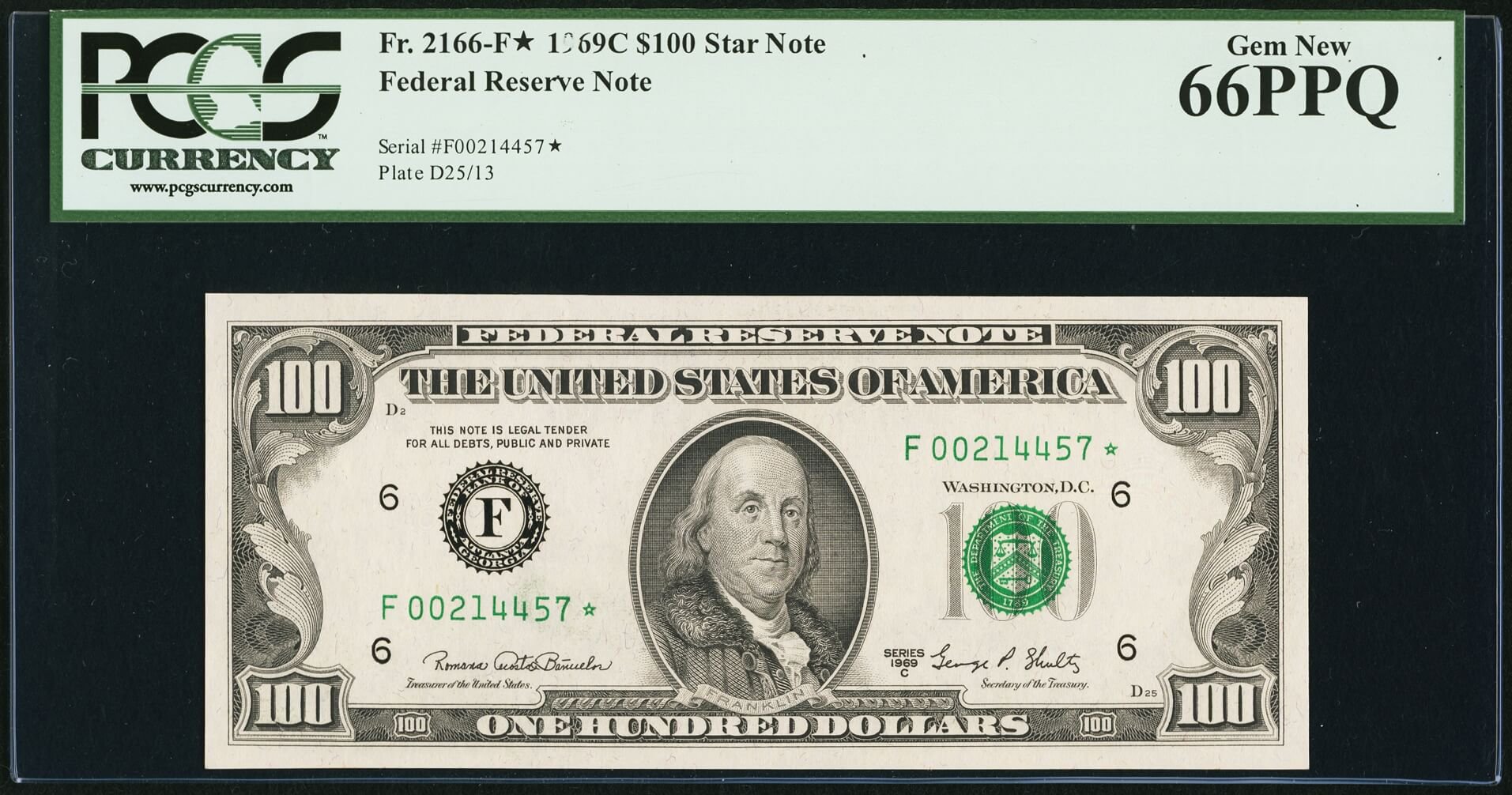 image for: Fr. 2166-F* $100 1969C Federal Reserve Star Note. PCGS Gem New 66PPQ....