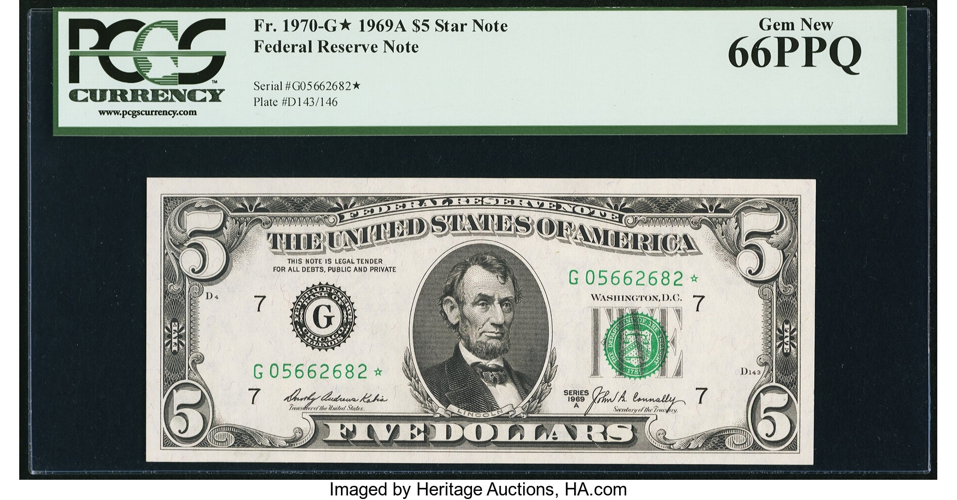 image for: Fr. 1970-G* $5 1969A Federal Reserve Star Note. PCGS Gem New 66PPQ....