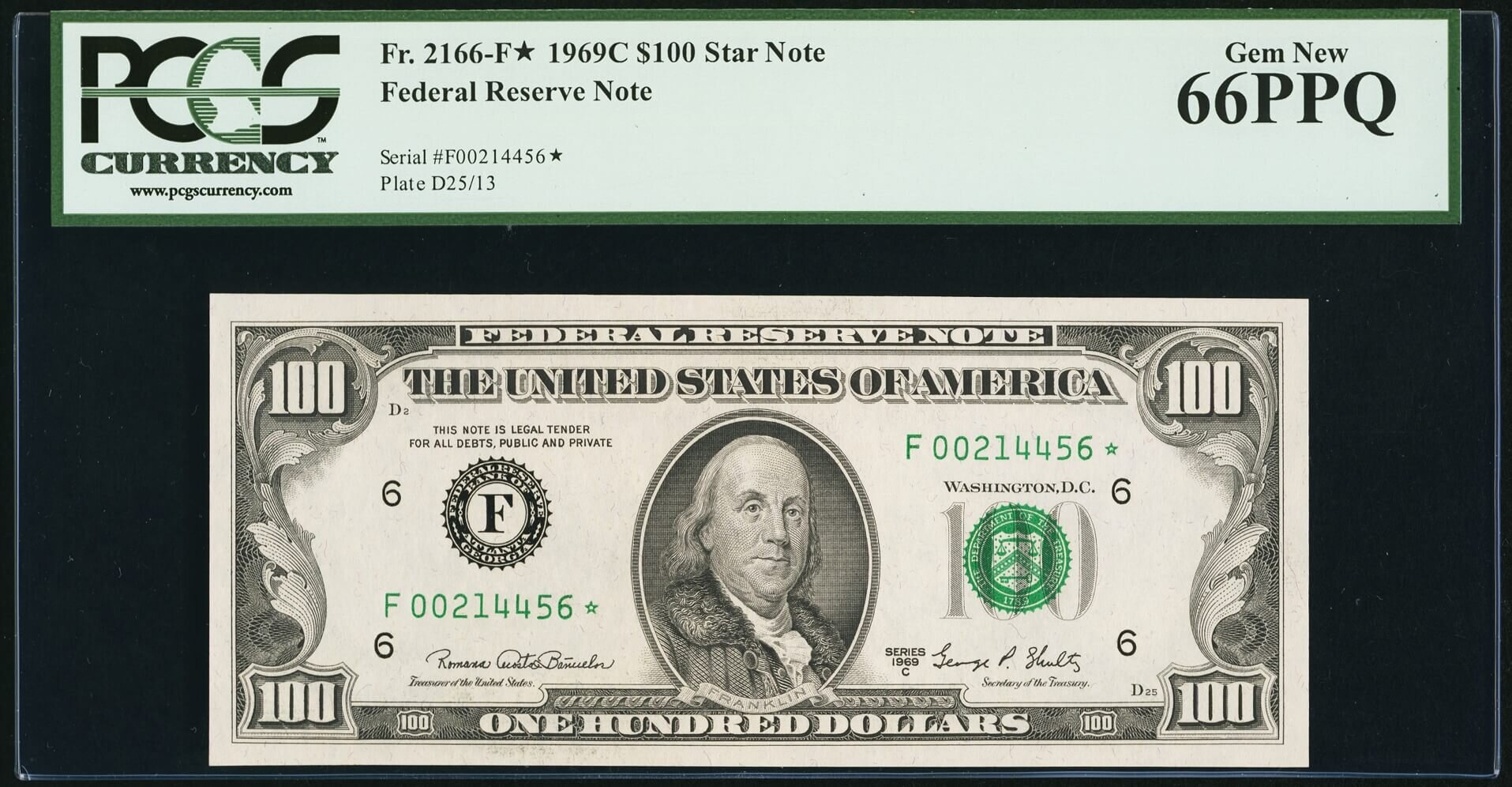 image for: Fr. 2166-F* $100 1969C Federal Reserve Star Note. PCGS Gem New 66PPQ....