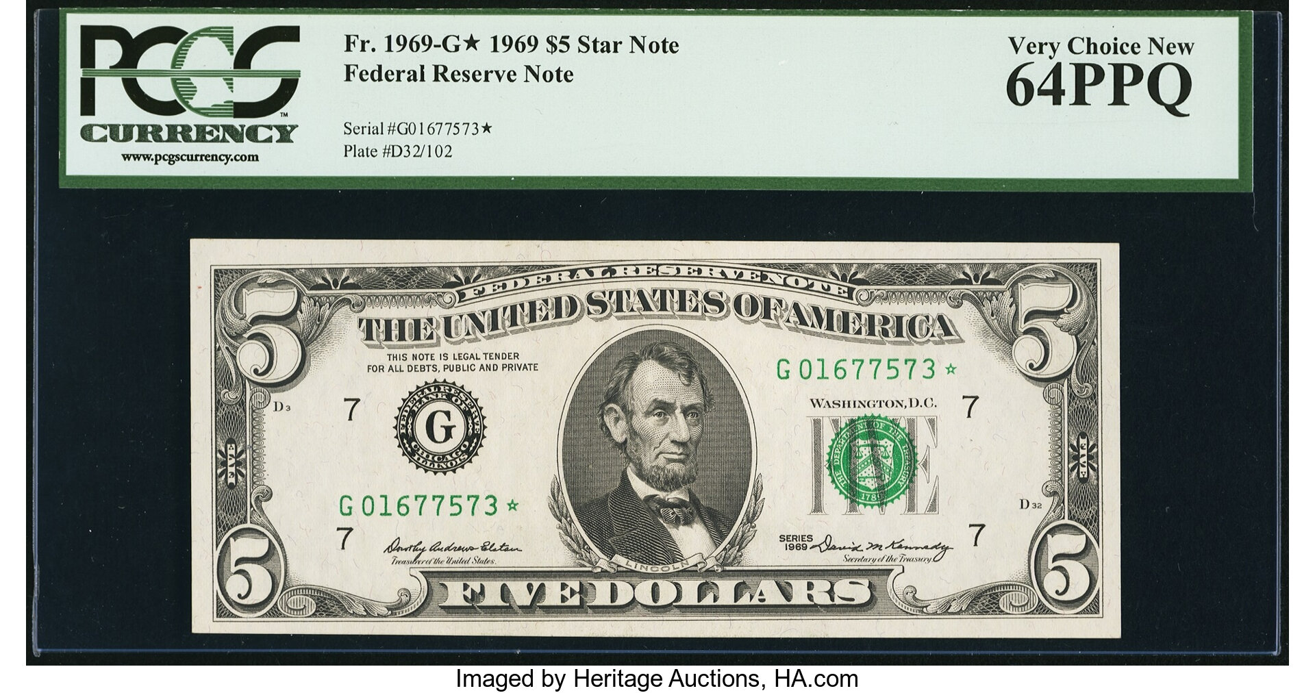image for: Fr. 1969-G* $5 1969 Federal Reserve Star Note. PCGS Very Choice New 64PPQ....