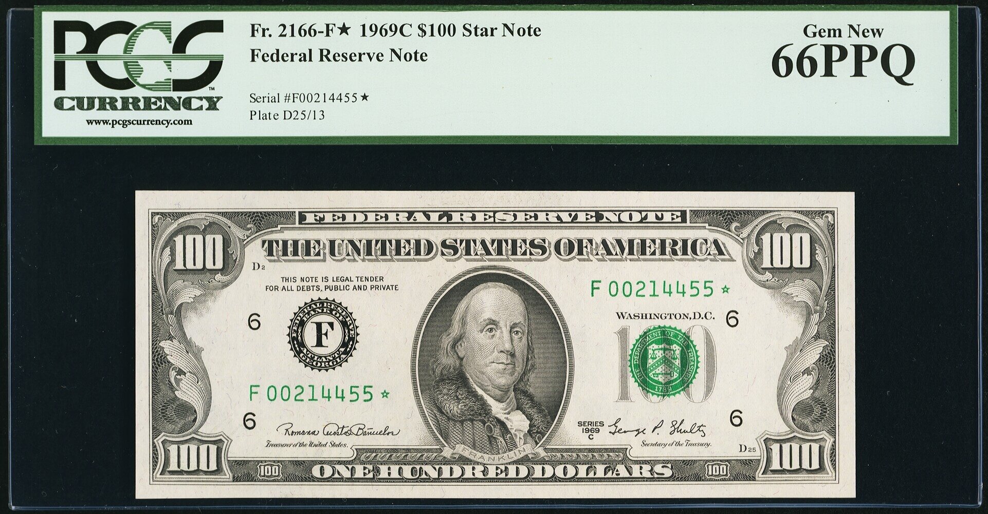 image for: Fr. 2166-F* $100 1969C Federal Reserve Star Note. PCGS Gem New 66PPQ....