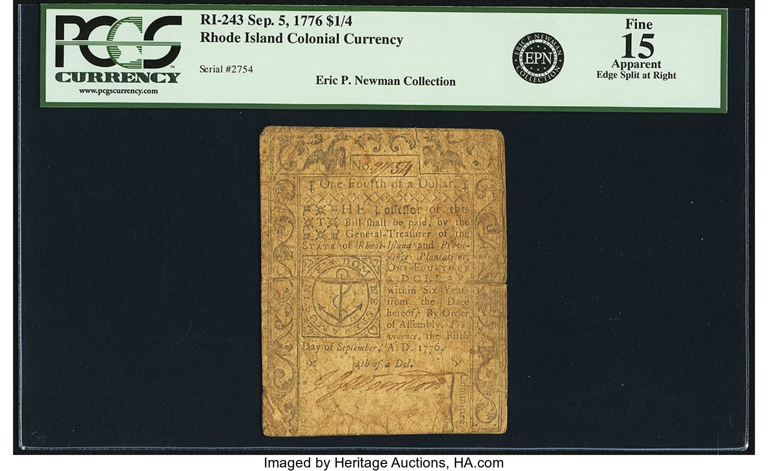 image for: Rhode Island September 5, 1776 $1/4 Fr. RI-243. PCGS Fine 15 Apparent....