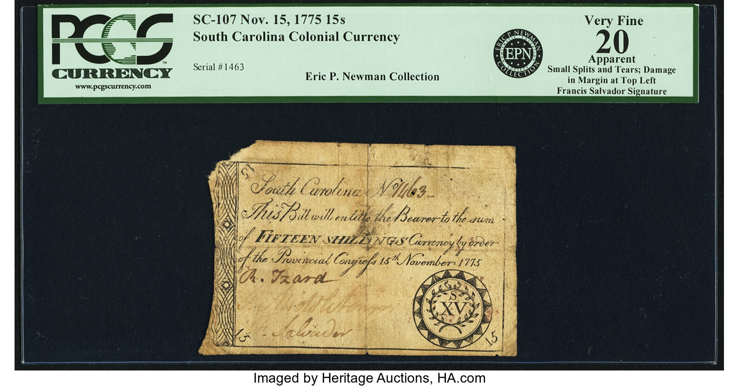 image for: South Carolina November 15, 1775 15 Shillings Francis Salvador Signature Fr. SC-107. PCGS Very Fine 20 Apparent....