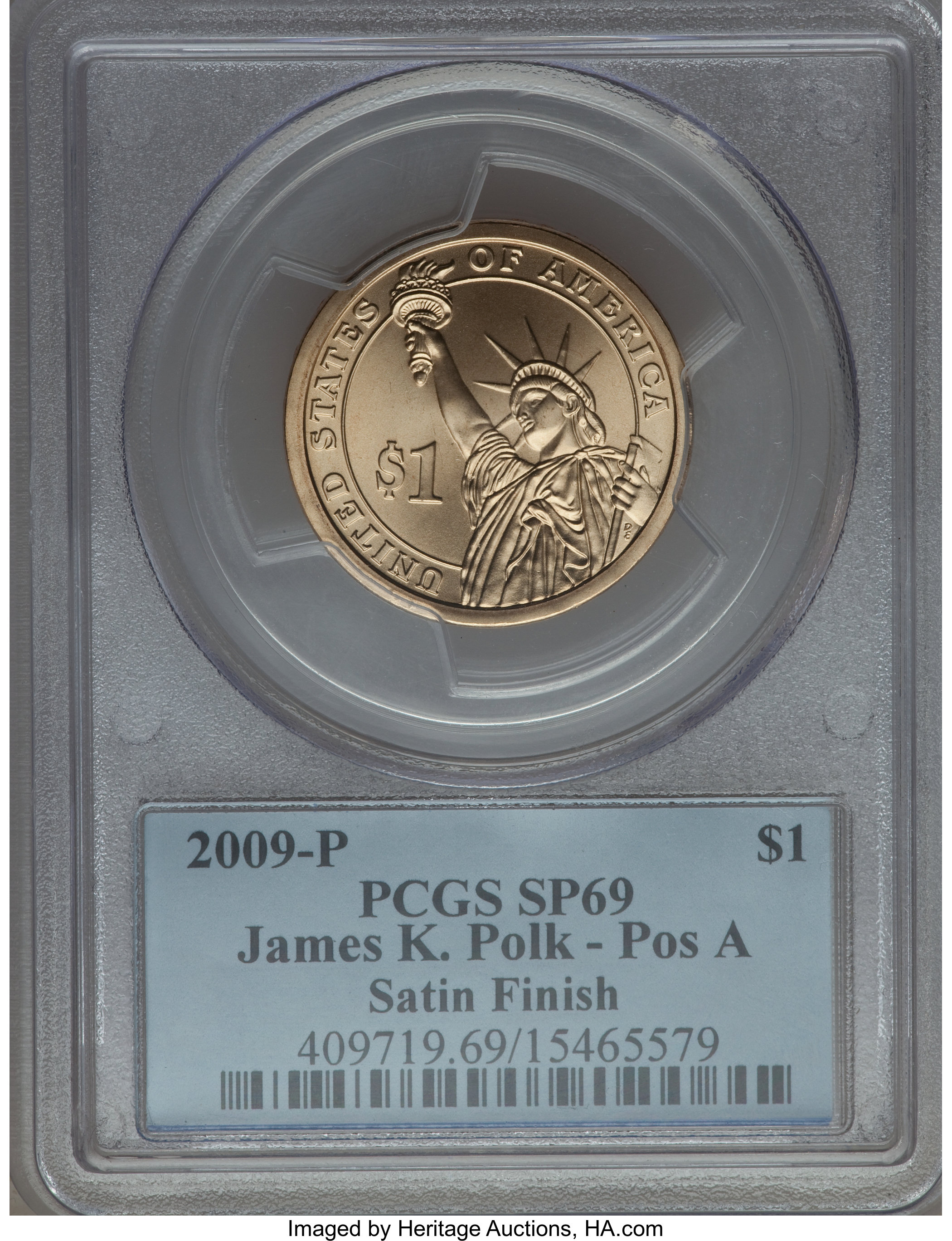 image for: 2009-P $1 James K. Polk, Position A Satin Finish, SP69 PCGS. PCGS Population: (9/0). NGC Census: (0/0).From The M...