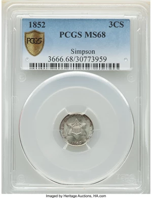 image for: 1852 3CS MS68 PCGS....