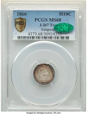 image for: 1860 H10C Transitional, Judd-267, Pollock-315, R.4, MS68 PCGS. CAC....