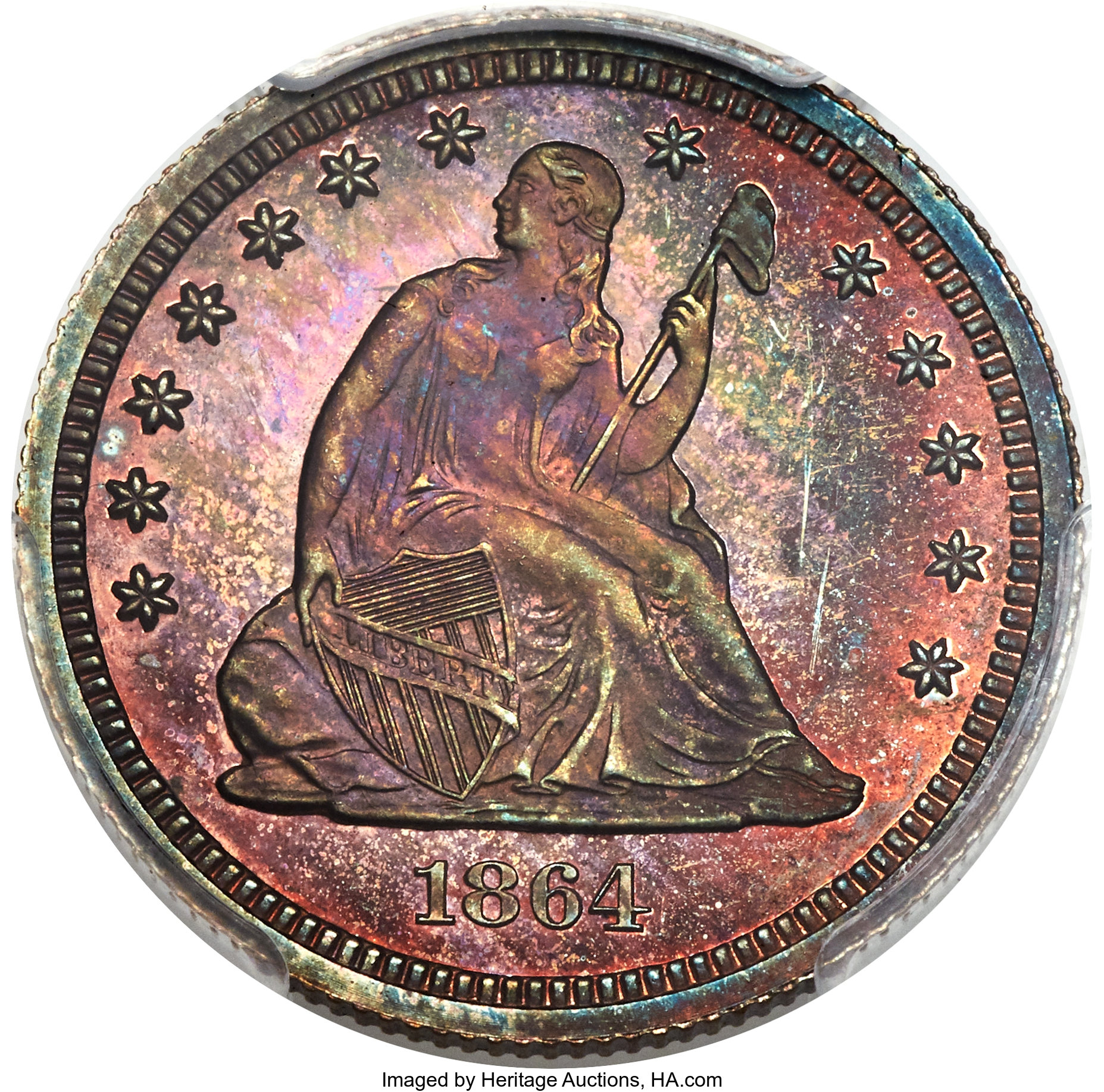 image for: 1864 25C Seated Quarter, Judd-387, Pollock-455, High R.6, PR66+ Red and Brown PCGS....