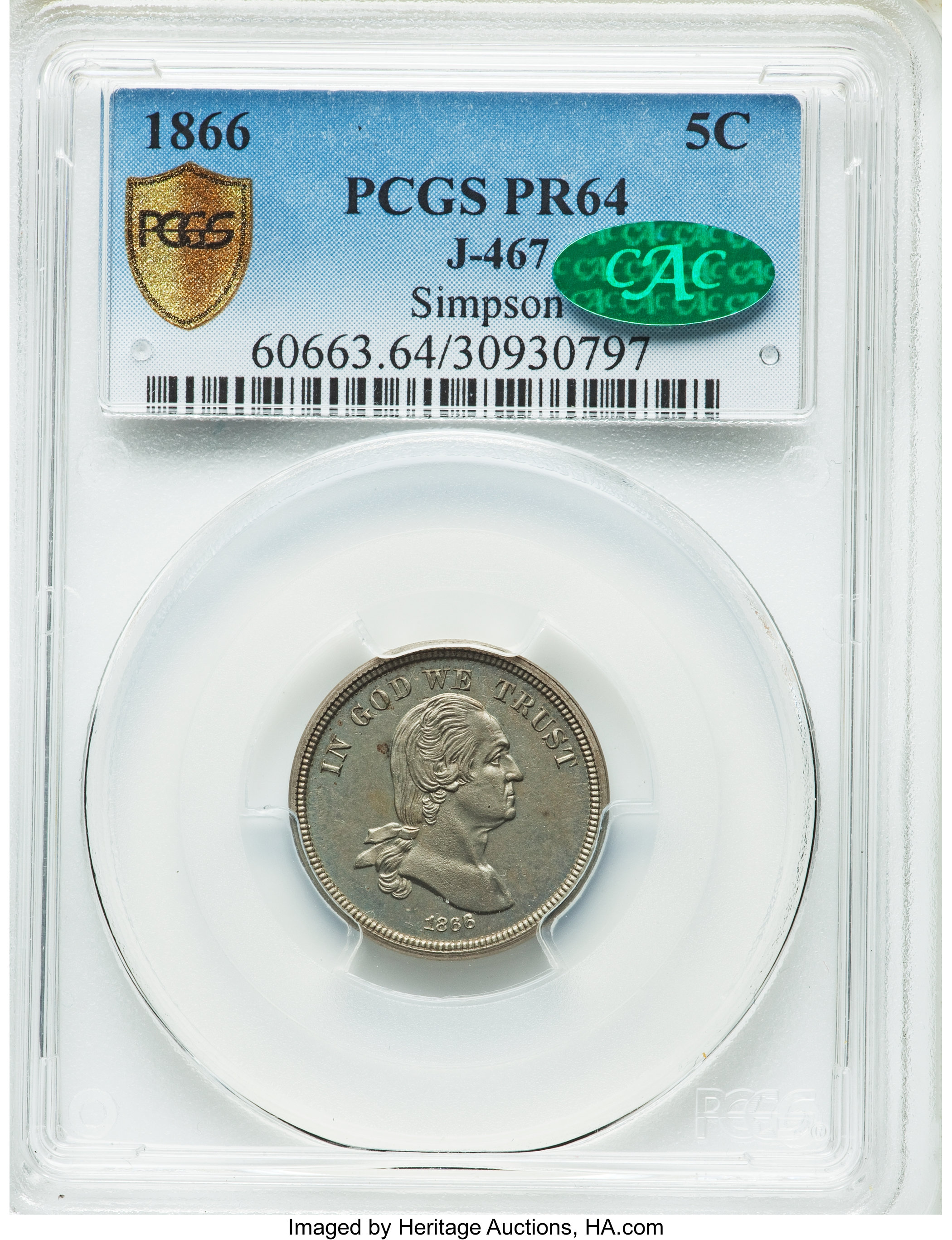 image for: 1866 5C Five Cents, Judd-467, Pollock-560, High R.7, PR64 PCGS. CAC....